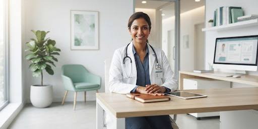 Médica em consultório, cliente de contabilidade especializada da Villa Boa em Goiânia