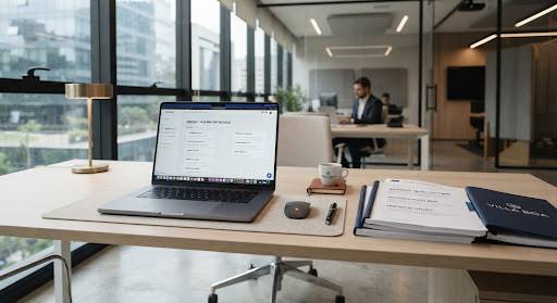 Mesa de escritório com notebook e documentos de abertura de empresa