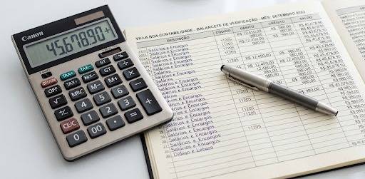 Calculadora sobre livro contábil, representando a apuração fiscal